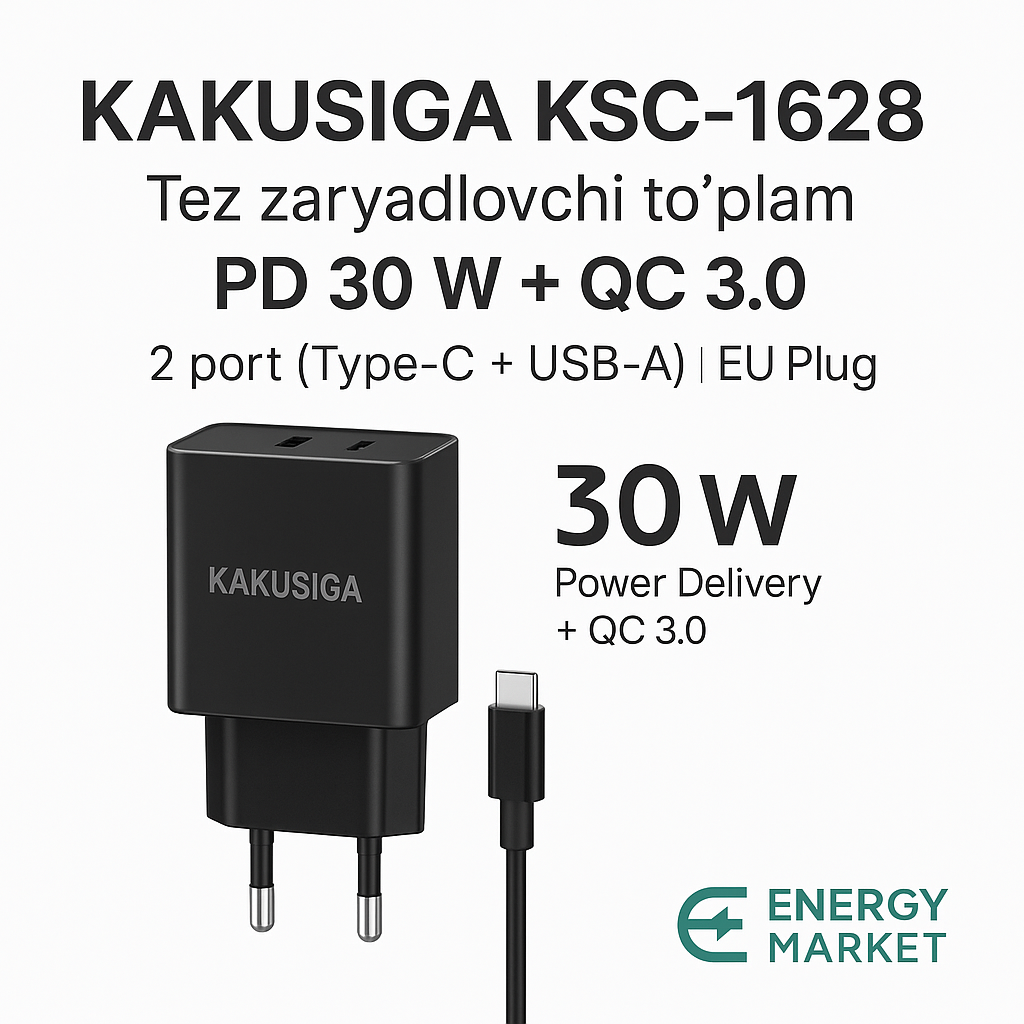 Адаптер для быстрой зарядки KAKUSIGA 30 Вт | Кабель Type-C - Lightning | Два порта (вилка европейского стандарта)
