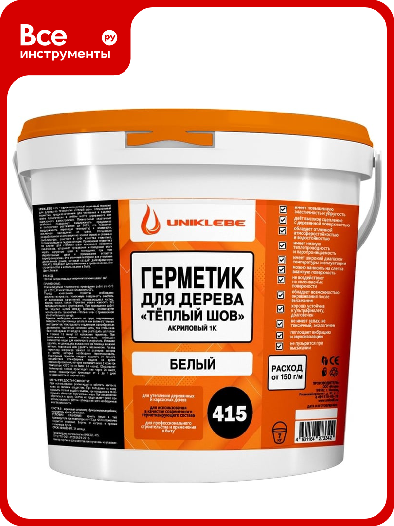 Герметик акриловый для дерева UNIKLEBE 415 по технологии «тёплый шов» белый 7 кг 4150070