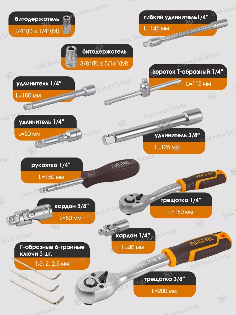 Набор инструментов FORSTIME состоит из 94 предметов на 1/4' и 3/8' в кейсе — фото 1