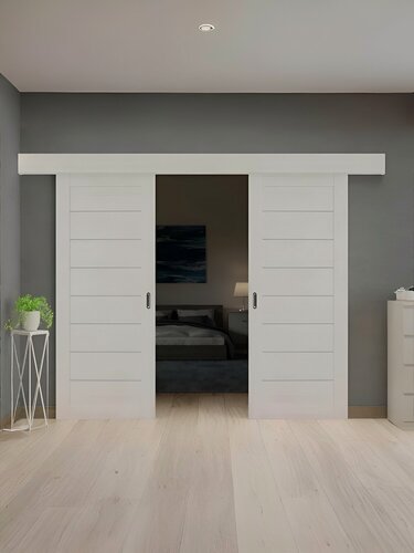 Изображение товара Дверь раздвижная ECO 227 эшвайт размер полотен: 700х2000 мм ( комплект: полотно 2 шт + раздвижной механизм + добор )