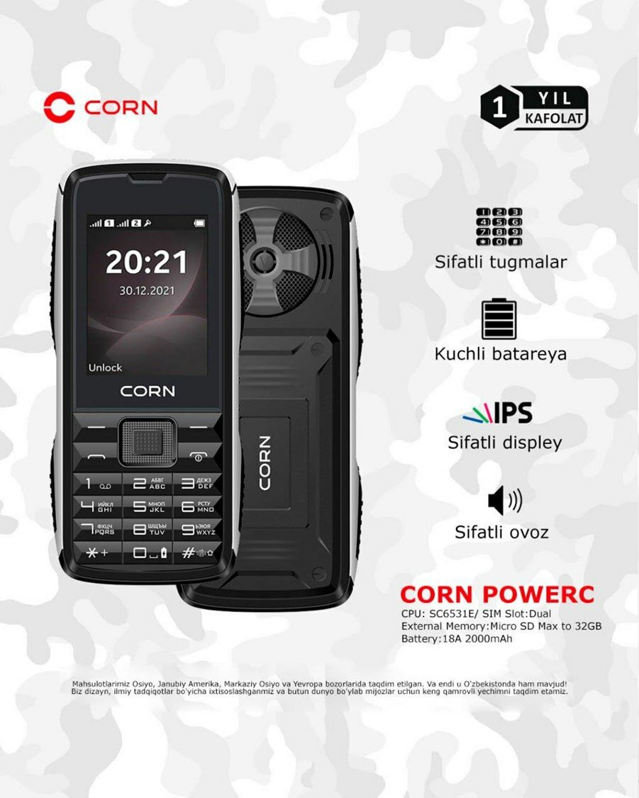Мобильный телефон CORN "Power", кнопочный, 2 SIM-карты, чёрный