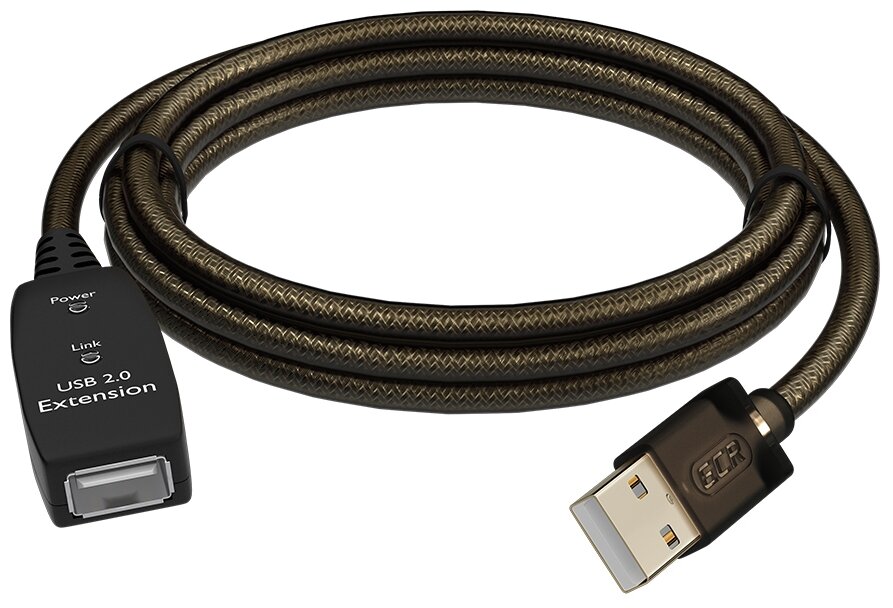 GCR Удлинитель активный 5.0m USB 2.0, AM/AF, GOLD, черно-прозрачный, с усилителем сигнала, разъём для доп. питания, 28/24 AWG