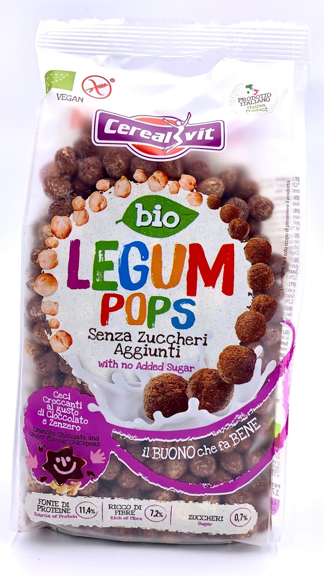 Cerealvit Шарики воздушные бобовые с шоколадом и имбирём «LEGUM POPS» БИО без глютена, без сахара Италия 175 г