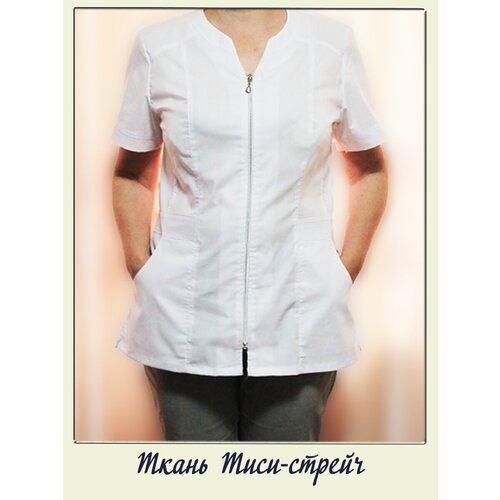 Блуза , классический стиль, полуприлегающий силуэт, короткий рукав, карманы, стрейч, однотонная, размер 108, белый