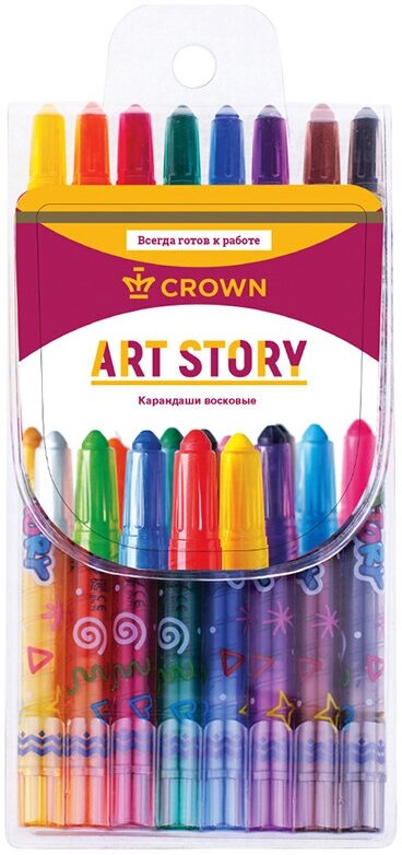 Карандаши восковые 8 цветов Crown ArtStory (L=170мм, D=10мм, 3гр, пластик, выкручивающийся стержень) ПВХ, 12 уп. (TP-800)