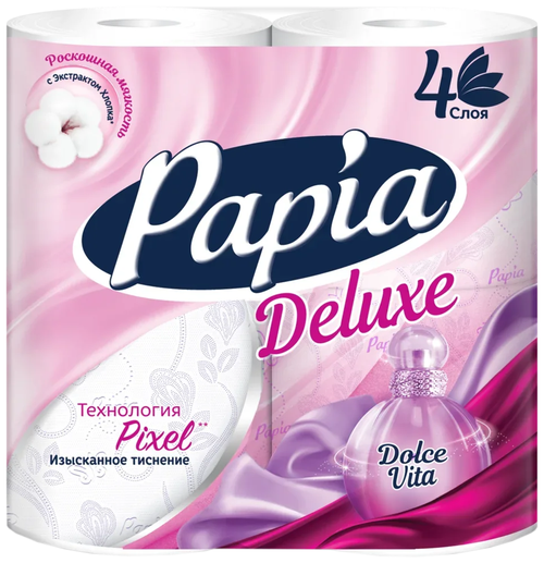 Туалетная бумага Papia Deluxe Dolce Vita белая четырёхслойная 4 рул., белый, цветочный