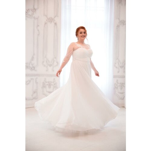 Длинное белое венчальное свадебное платье А-силуэта с вшитым корсетом. Размер 52-170