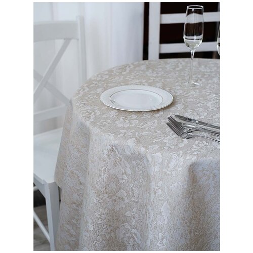 Скатерть полульняная столовая круглая, текстиль, лен/пэ, диаметр 150 см, 1 штука