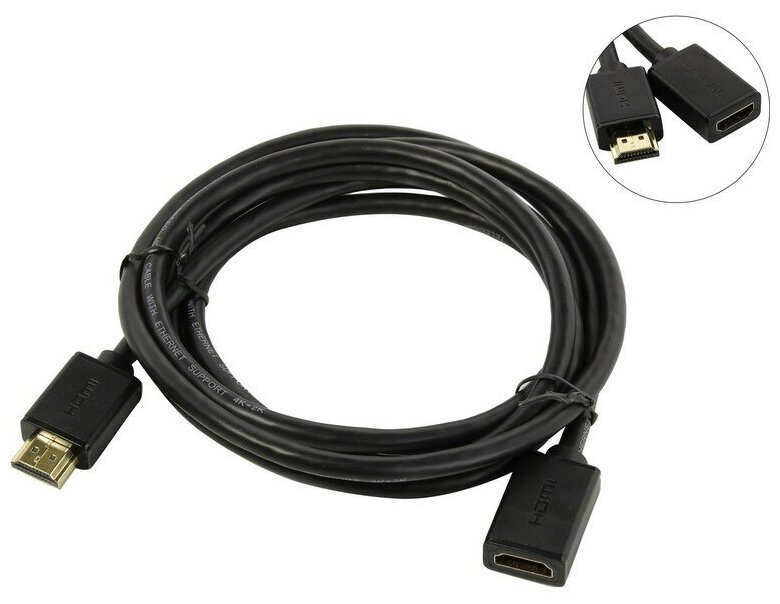 Кабель-удлинитель аудио-видео Telecom, HDMI (m) - HDMI (f) , ver 2.0, 2м, GOLD, черный [tcg235mf-2m] Noname - фото №5