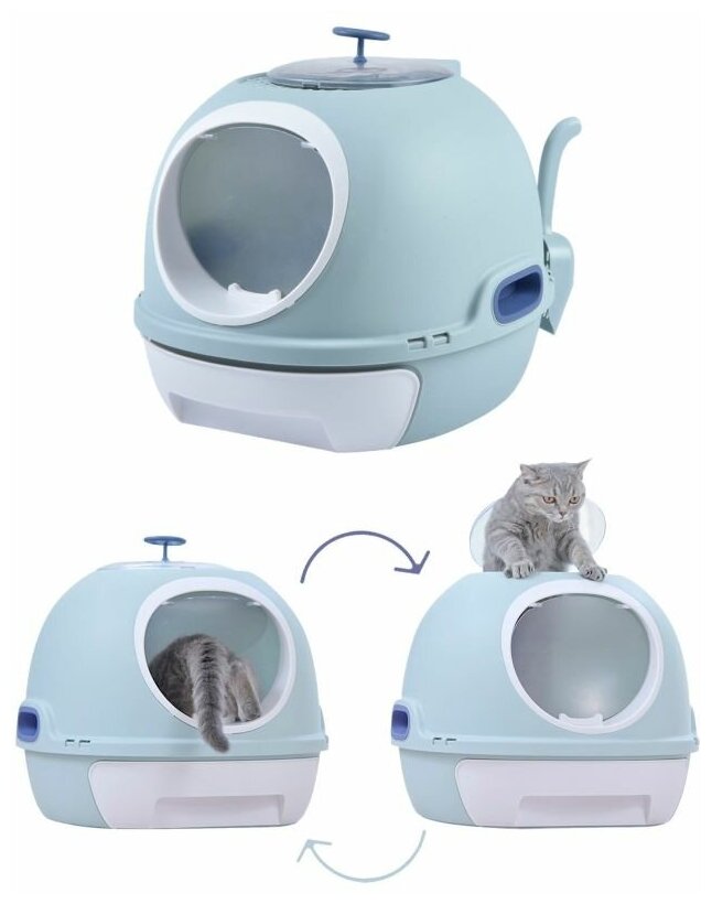 Туалет-домик для кошек с двумя люками и выдвижным поддоном STEFAN, 54х46х44, серо-голубой, AT10025 кошачий лоток/закрытый лоток для кошки - фотография № 6