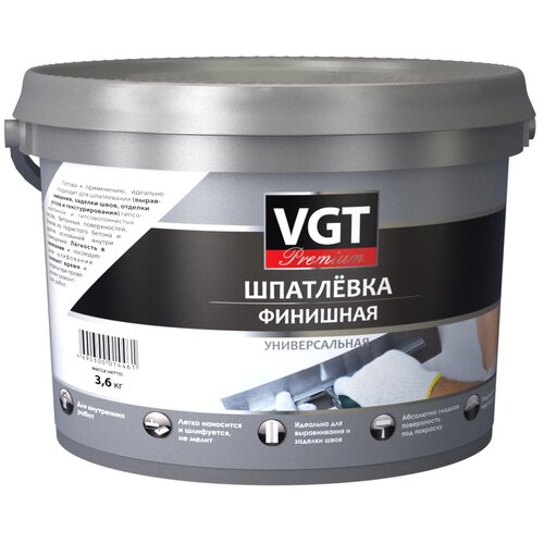 шпатлевка финишная универсальная vgt premium 16кг Шпатлевка VGT Premium финишная универсальная, белый, 3.6 кг