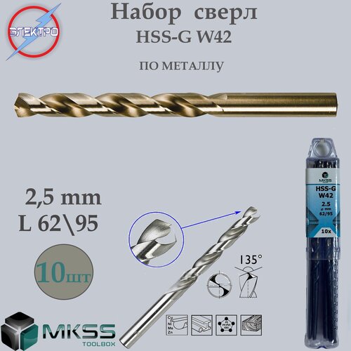 Сверло по металлу, W42 DIN 340. 2.5мм*62/95(10шт)