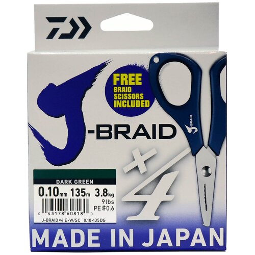 Плетеный шнур DAIWA J-Braid X4E-W/SC d=0.1 мм, 135 м, 3.8 кг, dark green, 1 шт.