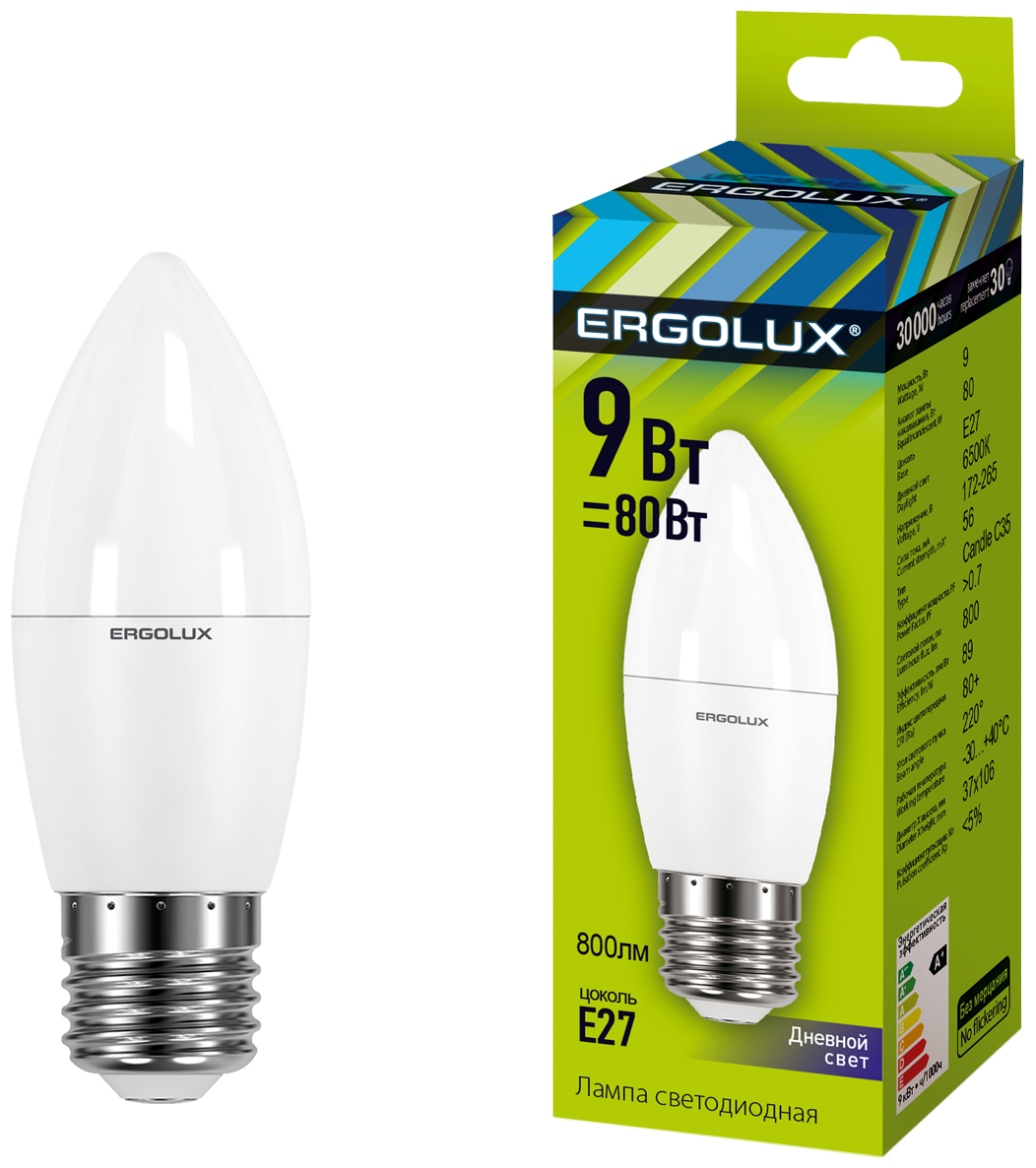 Ergolux свеча C35 E27 9W(800lm 220°) 6500K 6K матовая 112x38 пластик/алюм. LED-C35-9W-E27-6K