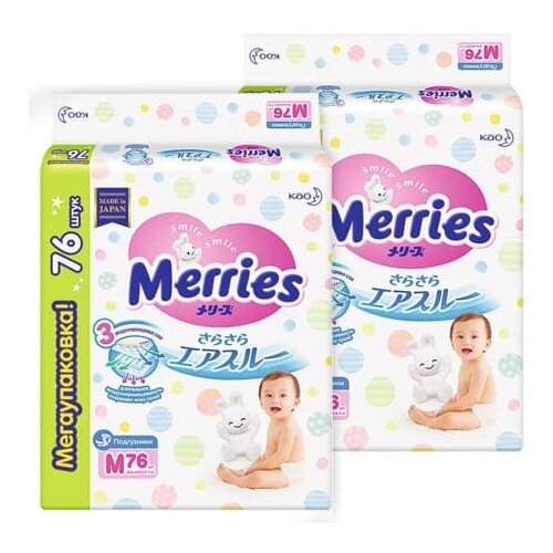 Merries подгузники M (6-11 кг), 76 шт., 2 уп. подгузники merries m 6 11 кг 64 шт