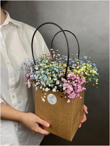 Изображение товара Композиция в сумке крафт (конус) с радужной гипсофилой, 7 шт