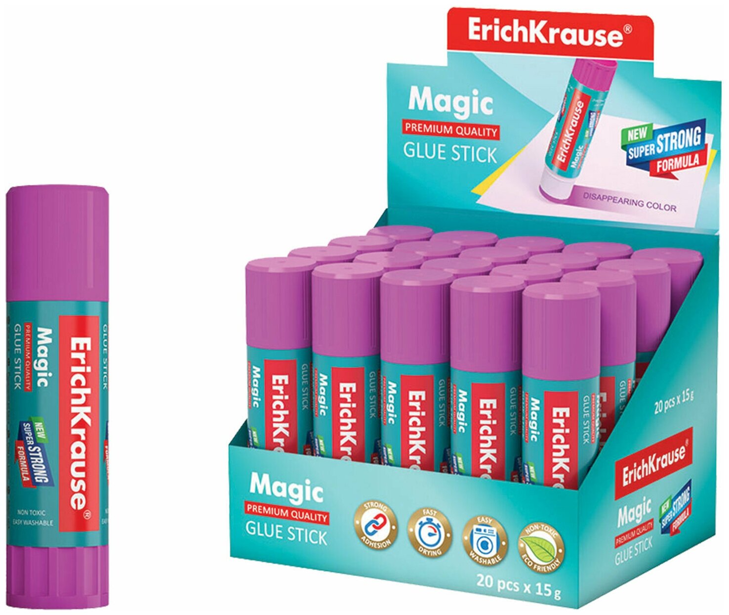 Клей-карандаш ERICH KRAUSE "Magic", 15 г, обесцвечивающийся после высыхания, 4446, 20шт в компл.