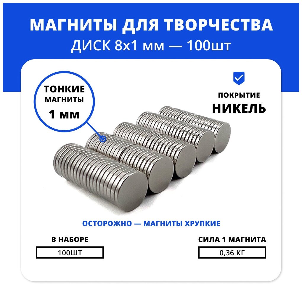 Тонкие магниты-крепления для творчества | магнитные диски 8х1 мм — комплект 40 шт