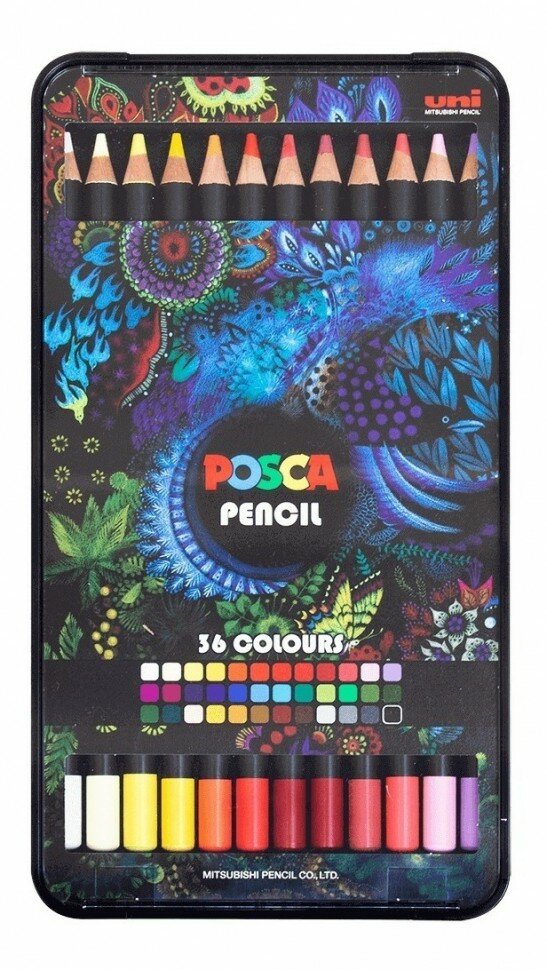 Цветные карандаши UNI POSCA PENCIL, набор 36 цветов, грифель 4 мм, подарочный бокс
