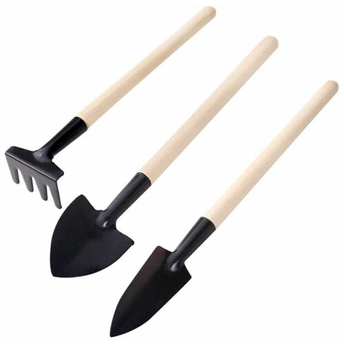 Набор садовых инструментов (мини садовый инвентарь), 3 предмета: грабли, лопатка и совок, 22 см, деревянные ручки