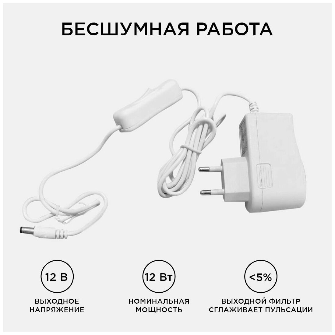 Блок питания с напряжением 12В с вилкой и коннектором 2,5х5,5мм для светильника светодиодной ленты или LED лампы / Универсальный адаптер питания для светодиодного освещения 12Вт, AC 100-240В, 1А, гарантия 1 год / БП с защитой от перегрузки перегрева