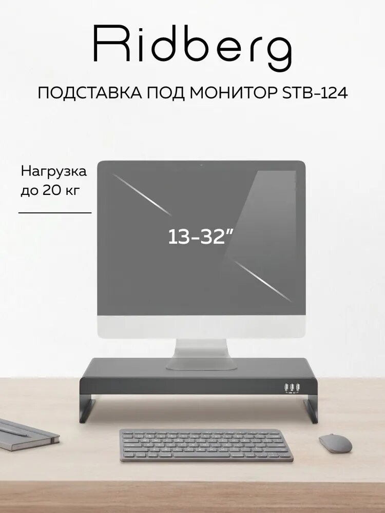 Подставка под монитор и ноутбук настольная с USB-хабом Ridberg Arm (Черная)
