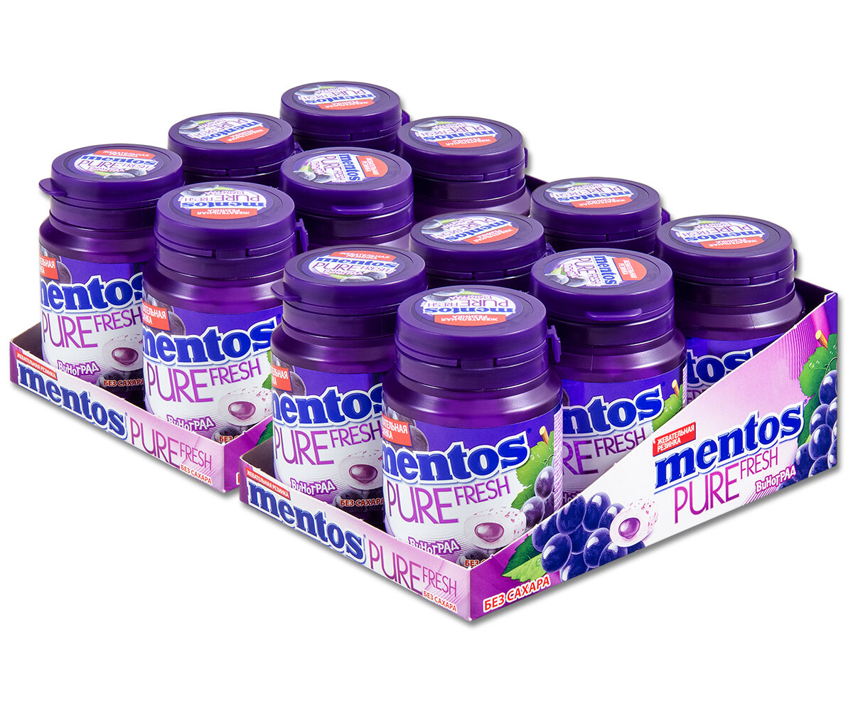 Жевательная резинка Mentos Pure Fresh Виноград, без сахара, в банке, 54 г, 12 шт.