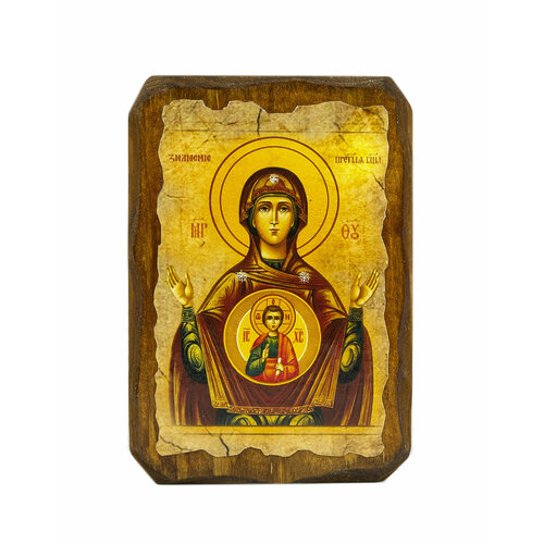 Икона под старину на состаренном дереве Пресвятая Богородица Знамение 10х7 см