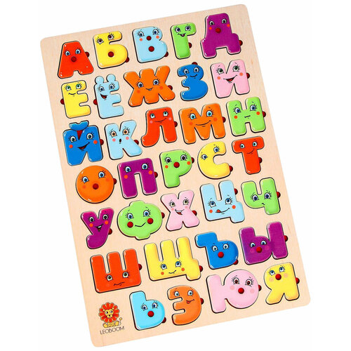 Большая алфавитная доска Smile Decor Веселые буквы (Леобум), деревянная рамка-вкладыш, учим буквы