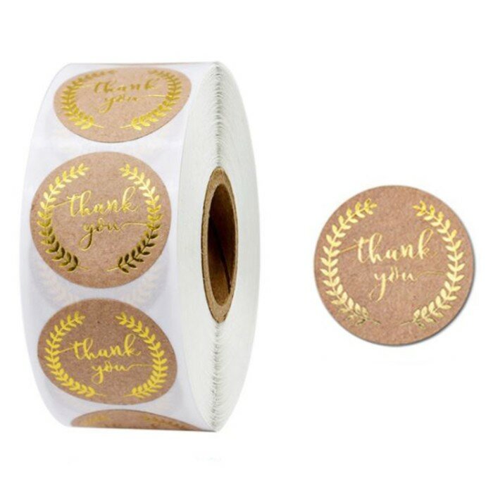 Наклейка для творчества "Крафт. Спасибо. Веточки" с золотинкой d-2,5 см 500 шт в рулоне 3х6,5х6,5 см