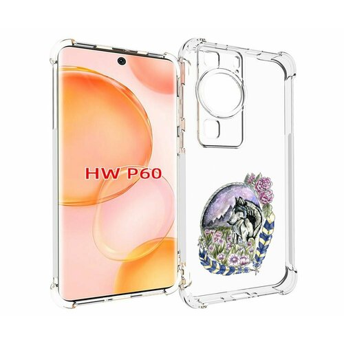 Чехол MyPads нарисованный волк в цветах с перьями для Huawei P60 задняя-панель-накладка-бампер