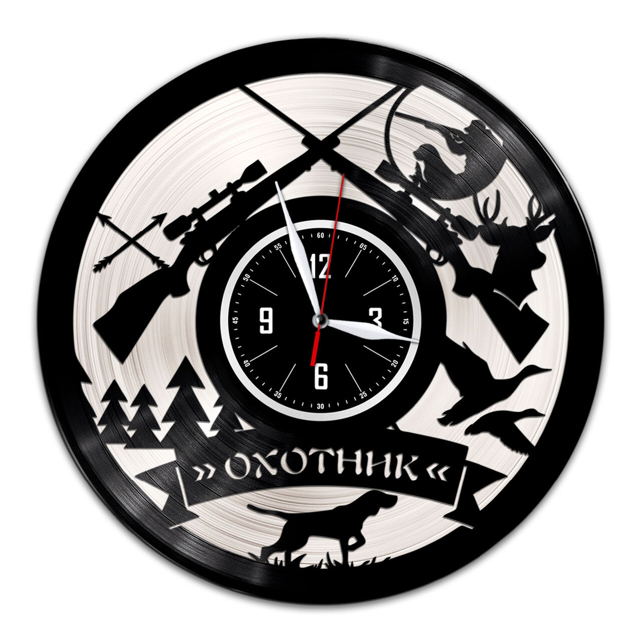 Охотник - настенные часы из виниловой пластинки (с серебряной подложкой)