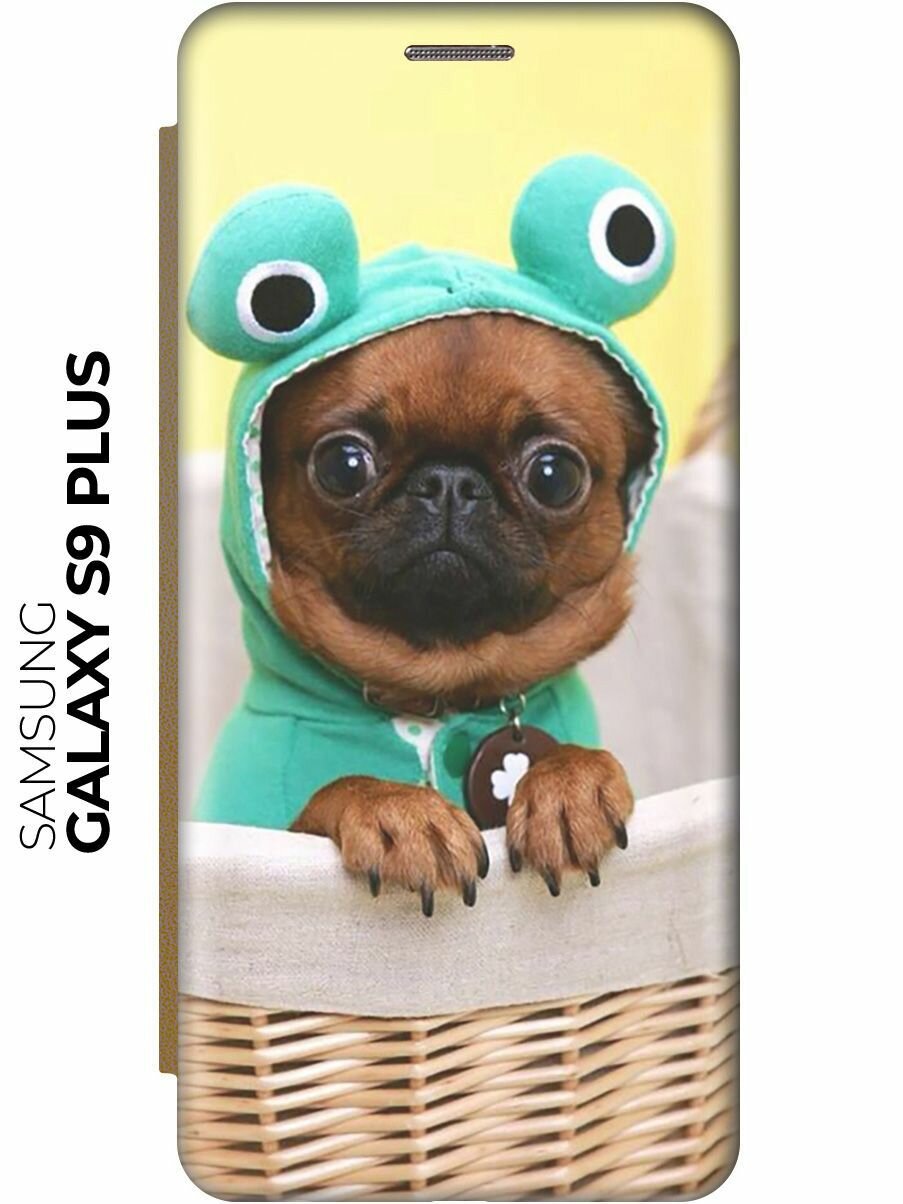 Чехол-книжка Собака в смешной шапке на Samsung Galaxy S9+ / Самсунг С9 Плюс золотой