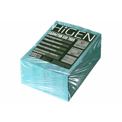 Универсальные безворсовые салфетки Higen S90 в листах, бирюзовые, 72 gsm, 35x35 см, 45/55, 30лст/пач 7989