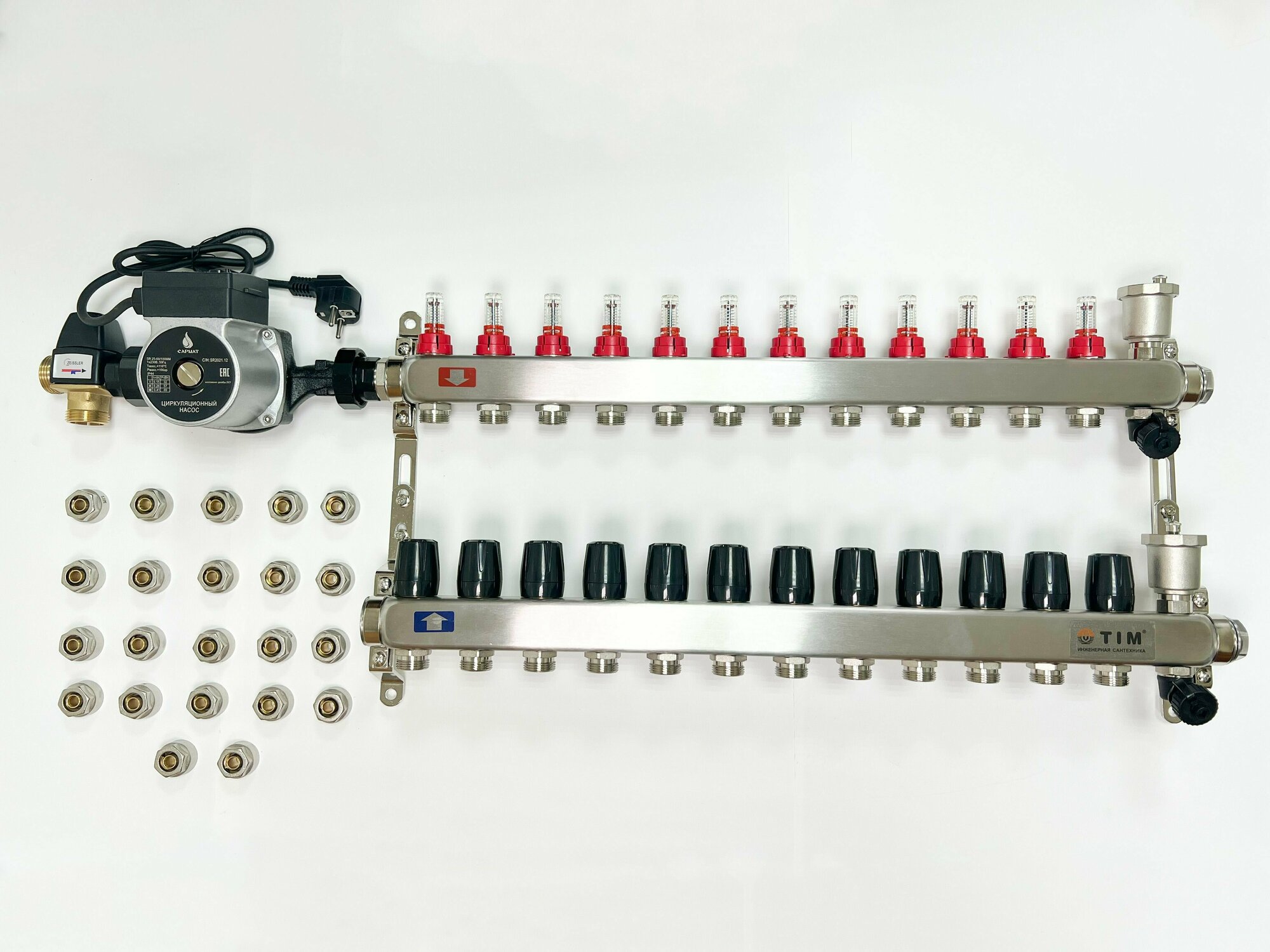 Комплект для водяного теплого пола с насосом (до 140 кв. м): Коллектор 12 выходов с расходомерами + термостатический клапан + насос
