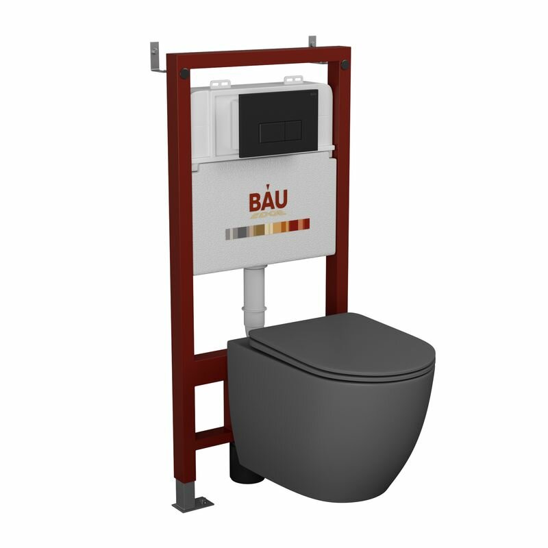 Комплект BAU 6 в 1: инсталляция BAU PRO, унитаз подвесной безободковый Bau Dream 49,5х36, сиденье дюропласт микролифт, темно-серый матовый, клавиша BAU Hotel, черная матовая