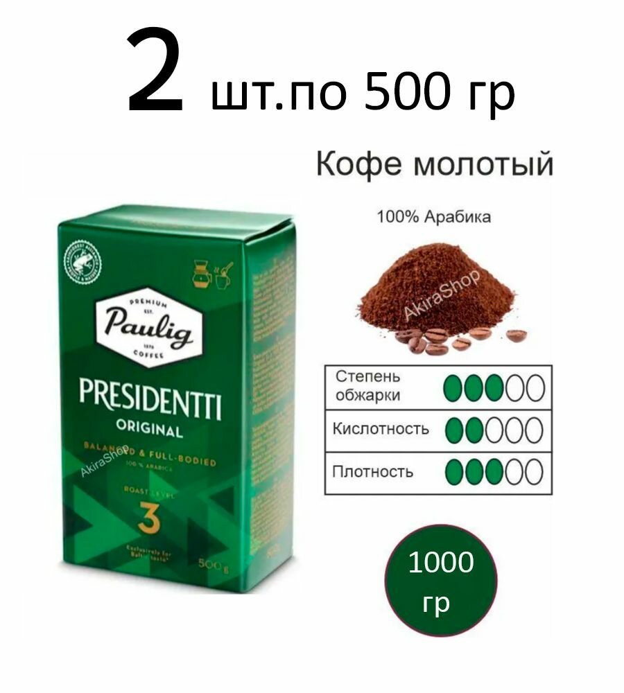 2 шт. Кофе молотый Paulig Presidentti Originale #3, по 500 гр. (1000 гр.) Финляндия