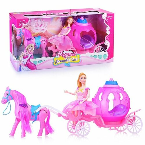 фото Карета с лошадкой oubaoloon свет, звук, лошадь передвигает ногами, с куклой 29 см (686-760)