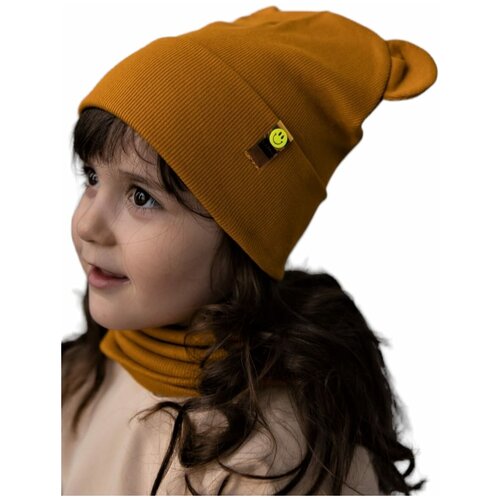 Комплект бини , размер 44-47, горчичный детские аксессуары для волос ленточная полосатая тканевая шапка с цветочным узелком детская шапка тюрбан головные уборы для девочек шап