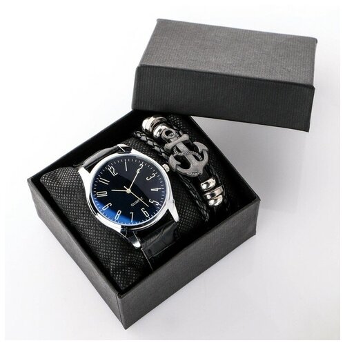 Наручные часы Подарочный набор 2 в 1, браслет, черный