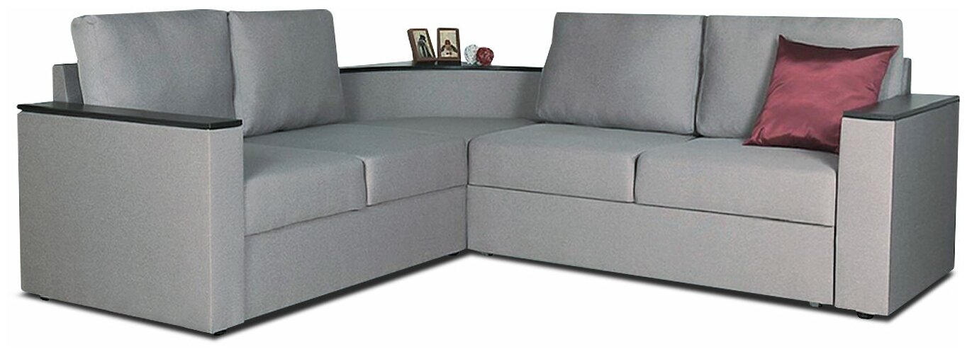Угловой диван Фоборг с полкой и деревянными подлокотниками 237х237х86 см, серый рогожка