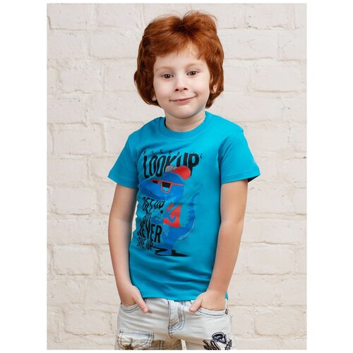 Футболка для мальчика Динозаврик в бейсболке, MOR, MOR-116010/001биррюзовый-синий, размер 110 - 116