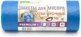 Мешки для мусора MIRPACK PREMIUM+ Extra прочные 60 л, 20 шт., синий