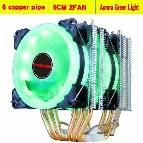 Вентилятор охлаждающий с крышкой для процессора, кулер, гидродинамический подшипник 6 трубок 2 вентилятора 4 PIN 2011 AGL подсветка зеленая