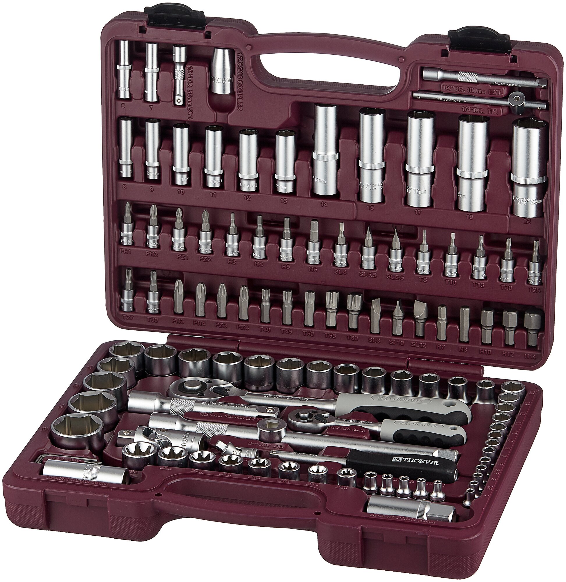 UTS0108MP Набор инструмента универсальный 1/4", 1/2"DR с головками торцевыми MultiProf, 108 предмето Thorvik - фото №4