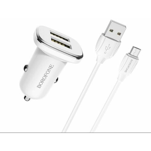 Автомобильное зарядное устройство USB Borofone BZ12 (2.4A/2 порта USB/кабель MicroUSB) <белый> автомобильно зарядное устройство borofone bz12 2 4a кабель type c белое