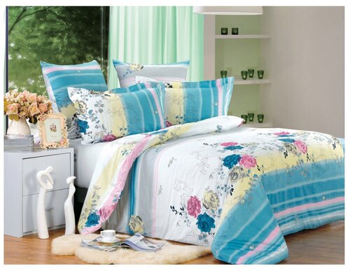 Комплект постельного белья СайлиД A-149, 2-спальное, поплин, голубой/белый