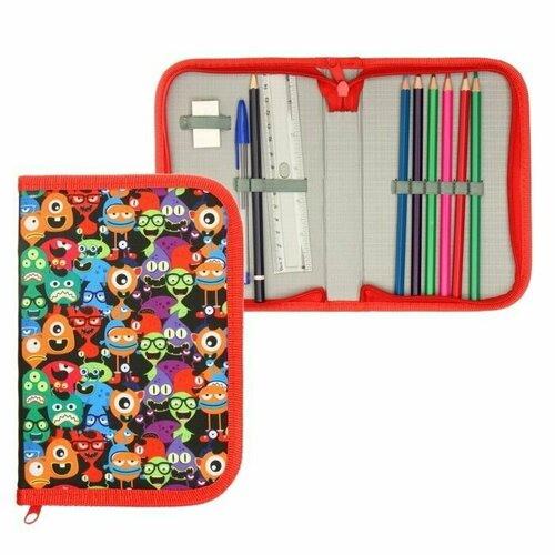 Пенал школьный на молнии ткань 1 секция с наполнением 13 х 195 см Монстрики 750₽