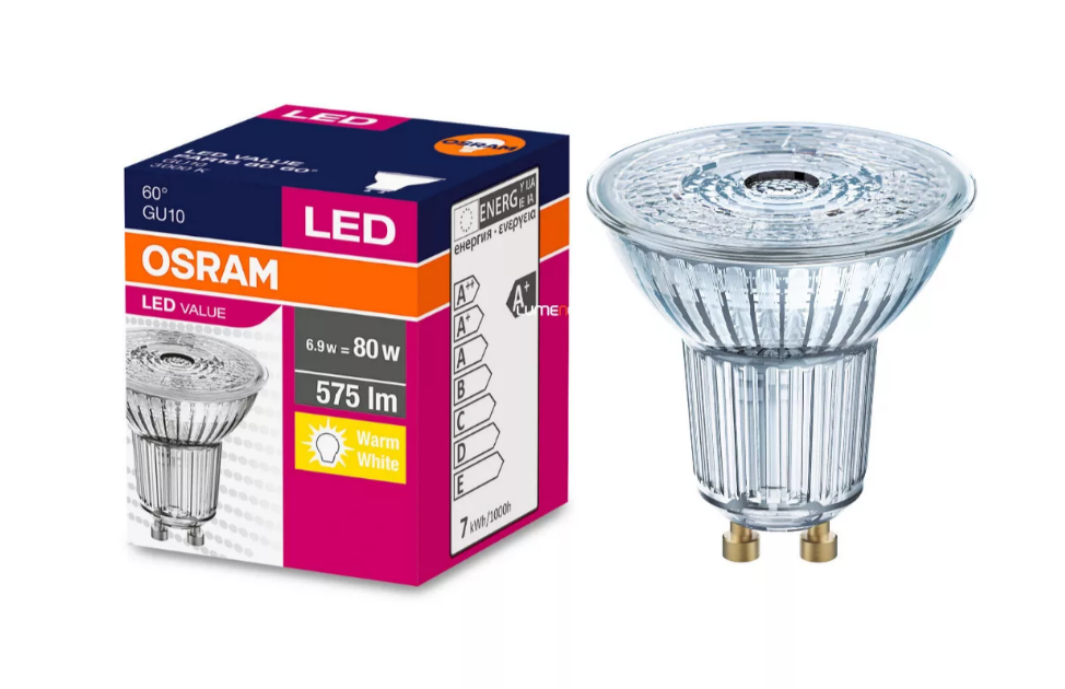 Лампа светодиодная OSRAM LED Value PAR16, 575лм, 6,9Вт, 3000К, теплый белый свет, Цоколь GU10, колба PAR16, софит, стекло
