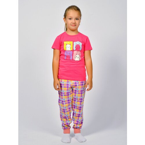 фото Пижама let's go, футболка, брюки, пояс на резинке, брюки с манжетами, карманы, размер 122, розовый
